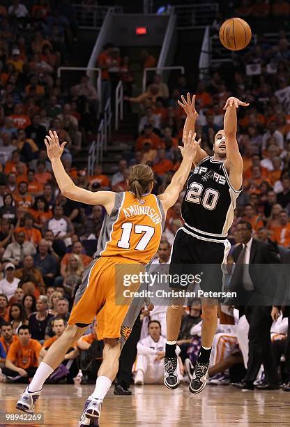 Manu Ginobili of the San Antonio Spurs shoots the ball during Game Two of the Western Conference Semifinals of the 2010 NBA Playoffs against the...