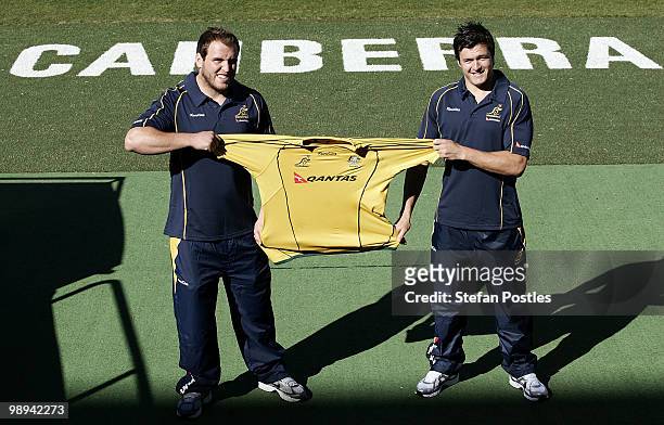 Ben Alexander and Adam Ashley-Cooper pose for photographers during an ARU press conference to announce ticket sales for the Wallabies V Fiji test at...