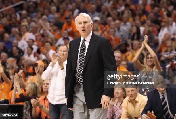 Head coach Gregg Popovich of the San Antonio Spurs coaches in Game Two of the Western Conference Semifinals of the 2010 NBA Playoffs against the...