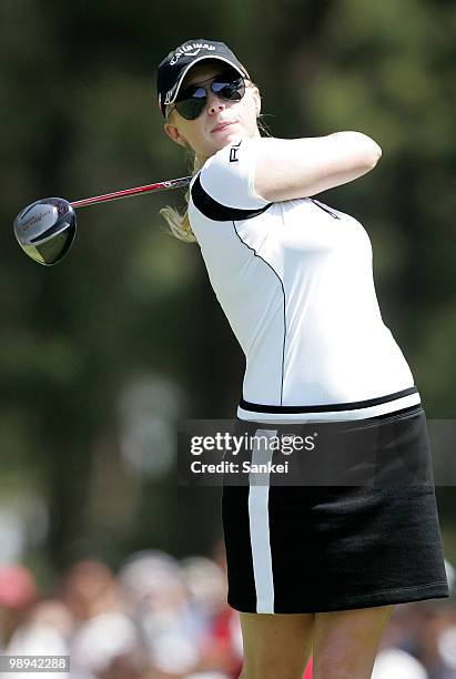 Morgan Pressel of United States hits a tee shot during the final round of the World Ladies Championship Salonpas Cup at Ibaraki Golf Club on May 9,...