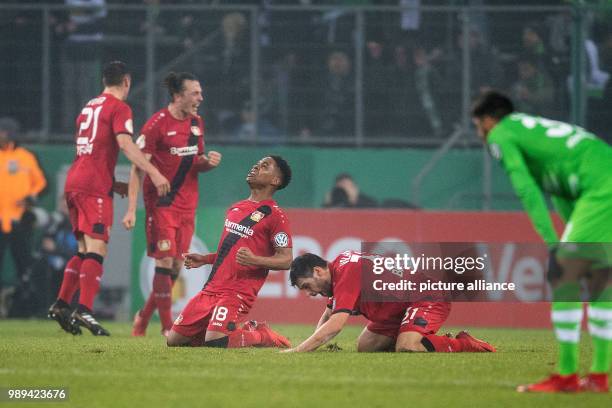 Leverkusen's Dominik Kohr , Julian Baumgartlinger, Wendell and Kevin Volland celebrate after the German DFB Cup soccer match between Borussia...