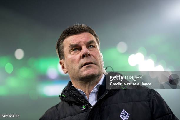 Gladbach's coach Dieter Hecking pictured prior to the German DFB Cup soccer match between Borussia Moenchengladbach and Bayer Leverkusen at...