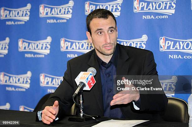Manu Ginobili of the San Antonio Spurs speaks to the media after Game Four of the Western Conference Semifinals against the Phoenix Suns during the...