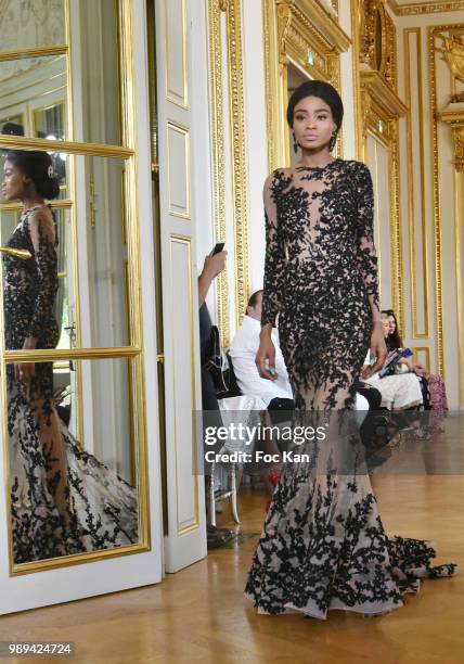 Model walks the runway during the Hany El Behairy Show As part of 25th Oriental Fashion Haute Couture Fall Winter 2018/2019 show as part of Paris...