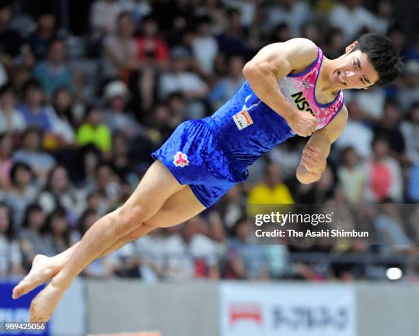 Kenzo Shirai competes in the Men's Floor on day two of the 72nd All Japan Artistic Gymnastics Apparatus Championships at Takasaki Arena on July 1,...