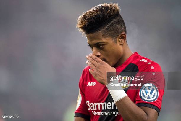 Leverkusen's Leon Bailey in action during the German DFB Cup soccer match between Borussia Moenchengladbach and Bayer Leverkusen in Borussia-Park in...