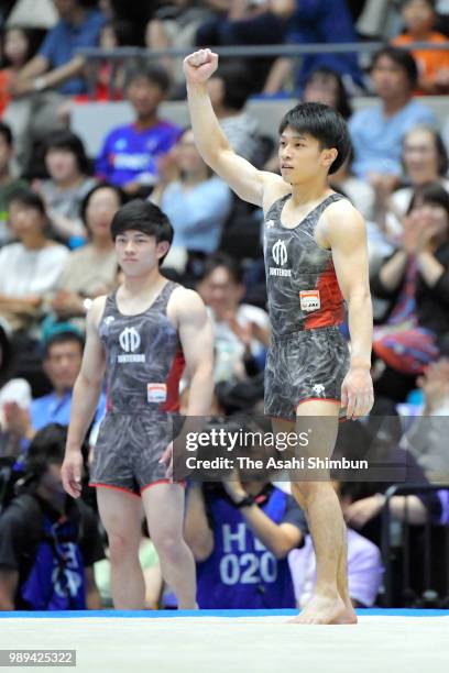 Wataru Tanigawa reacts after competing in the Men's Floor while Kakeru Tanigawa is seen on day two of the 72nd All Japan Artistic Gymnastics...