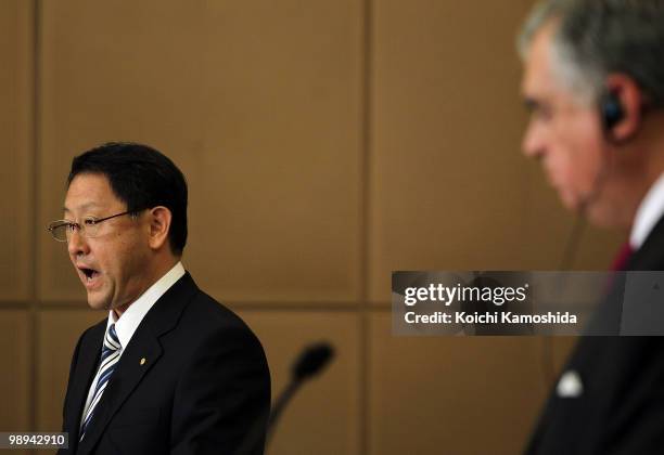 Secretary of Transportation Ray LaHood and Toyota Motor Corporation President Akio Toyoda attend the joint press conference at TMC's headquarters on...