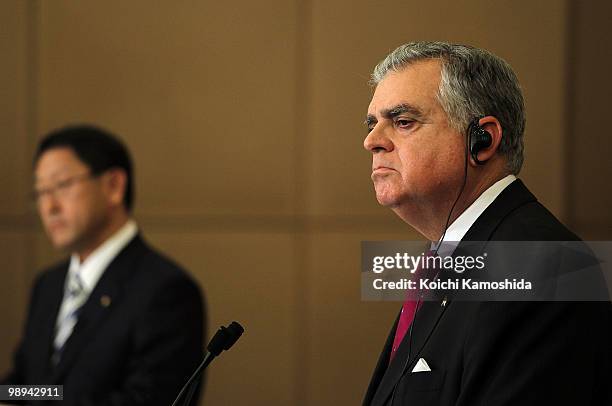 Secretary of Transportation Ray LaHood and Toyota Motor Corporation President Akio Toyoda attend the joint press conference at TMC's headquarters on...