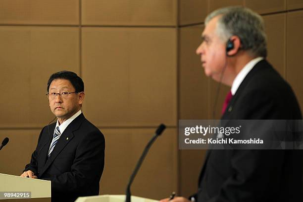 Secretary of Transportation Ray LaHood and Toyota Motor Corporation President Akio Toyoda attend the joint press conference at TMC's headquarters on...