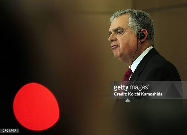Secretary of Transportation Ray LaHood attends the joint press conference at TMC's headquarters on May 10, 2010 in Toyota, Japan.
