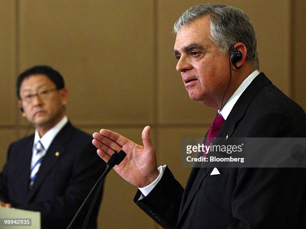 Ray LaHood, U.S. Transportation secretary, speaks as Akio Toyoda, president of Toyota Motor Corp., listens during their joint news conference in...