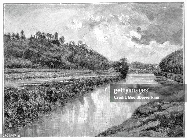 stockillustraties, clipart, cartoons en iconen met kleine boot op de maas in de ardennen afbeelding 1895 'de aarde en haar volk' - meuse river