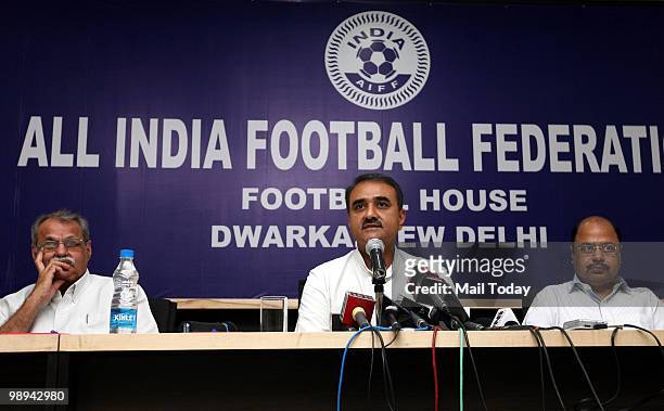 Praful Patel with Alberto Colaco and Subrata Dutta at a press conference by the All India Football Federation in New Delhi on Friday, May 7, 2010.