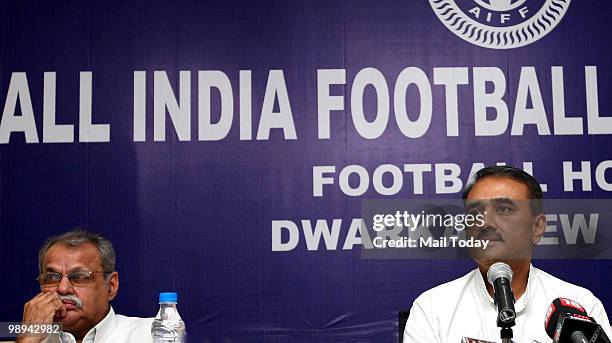 Praful Patel with Alberto Colaco at a press conference by the All India Football Federation in New Delhi on Friday, May 7, 2010.