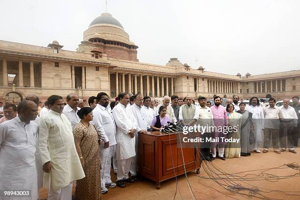 MPs Sushma Swaraj, Lal Krishna Advani, Rajnath Singh, Arun Jaitley and other leaders from both the houses coming out of Rashtrapati Bhavan after...