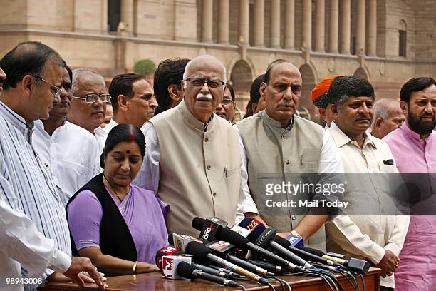 MPs Sushma Swaraj, Lal Krishna Advani, Rajnath Singh, Arun Jaitley and other leaders from both the houses coming out of Rashtrapati Bhavan after...