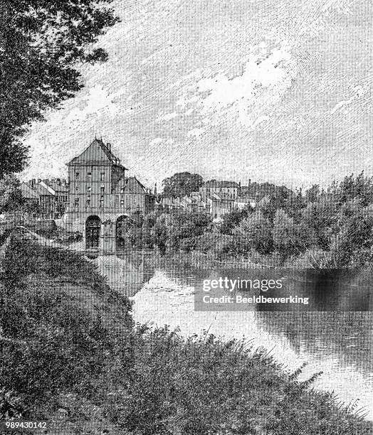 stockillustraties, clipart, cartoons en iconen met fabriek in charleville op de maas in ardennen 1895 - meuse river