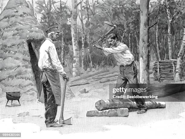 two lumberjacks working in the ardennes in 1895 - ardennes stock illustrations