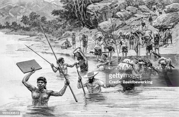 river crossing in indochina in 1895 - wading stock illustrations stock illustrations