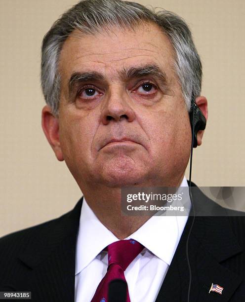 Ray LaHood, U.S. Transportation secretary, speaks during a joint news conference with Akio Toyoda, president of Toyota Motor Corp., unseen, in Toyota...