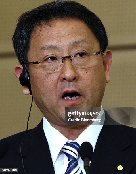 Akio Toyoda, president of Toyota Motor Corp., speaks during a joint news conference with Ray LaHood, U.S. Transportation secretary, unseen, in Toyota...