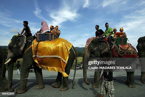 Thai Muslim people sit on elephants during a march part of a local cultural festival in Thailand's southern province of Narathiwat on May 10, 2010....