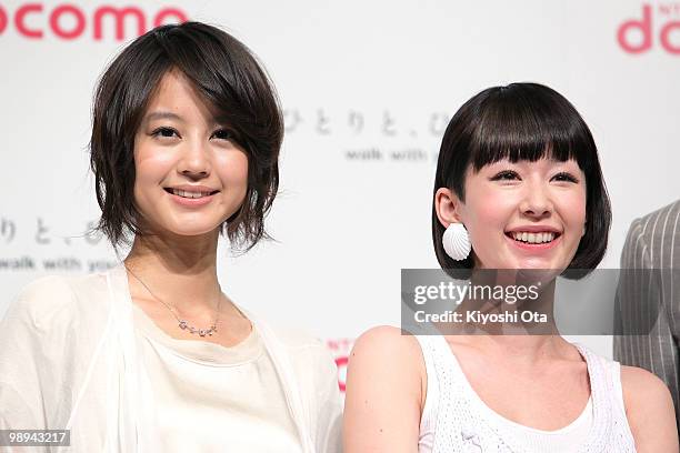 Actress Maki Horikita and singer Kaela Kimura attend the NTT DoCoMo Inc.'s new TV commercial press conference at Grand Hyatt Tokyo on May 10, 2010 in...