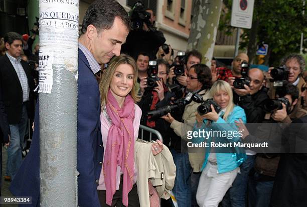 Prince Felipe of Spain and Princess Letizia of Spain visit the King of Spain Juan Carlos I at the Hospital Clinic of Barcelona, after he had an...