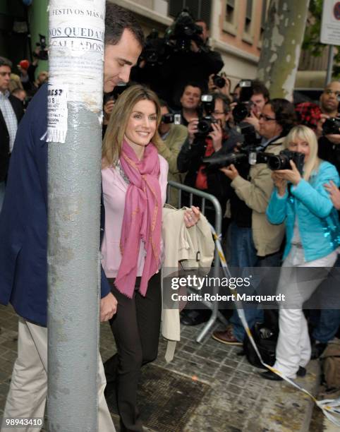 Prince Felipe and Princess Letizia of Spain visit the King Juan Carlos I of Spain at the Hospital Clinic of Barcelona, after he had an operation to...