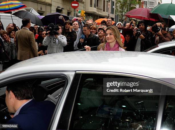 Prince Felipe and Princess Letizia of Spain visit the King Juan Carlos I of Spain at the Hospital Clinic of Barcelona, after he had an operation to...