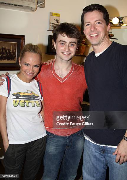 *Exclusive Coverage* Kristin Chenoweth, Daniel Radcliffe and Sean Hayes pose backstage at the hit musical "Promises, Promises" on Broadway at The...