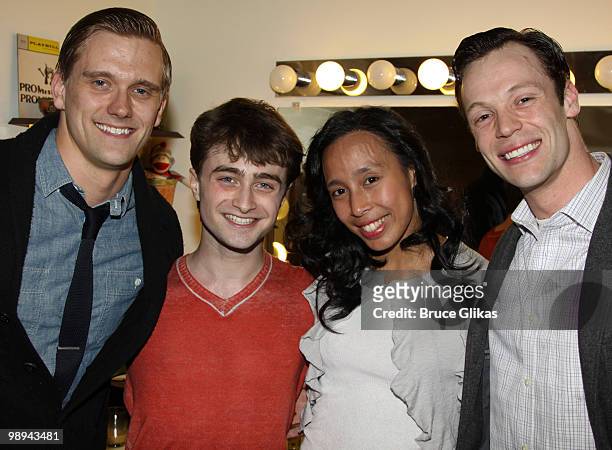 *Exclusive Coverage* Adam Perry, Daniel Radcliffe , Mayumi Miguel and Ryan Watkinson pose backstage at the hit musical "Promises, Promises" on...