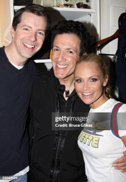 *Exclusive Coverage* Sean Hayes, vocal Coach Eric Vetro and Kristin Chenoweth pose backstage at the hit musical "Promises, Promises" on Broadway at...