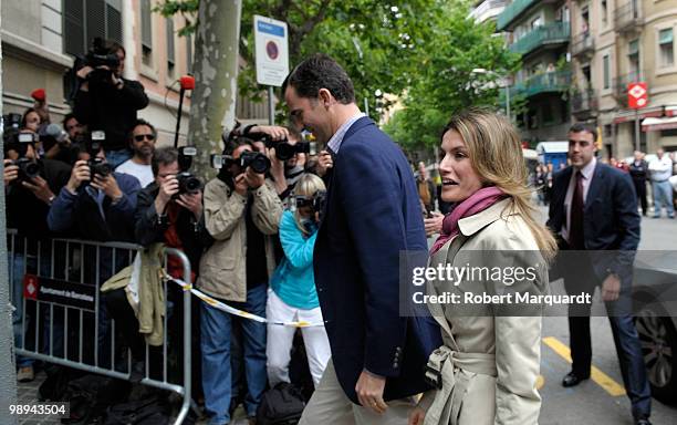 Prince Felipe and Princess Letizia of Spain visit the King Juan Carlos I of Spain at the Hospital Clinic of Barcelona, after he had an operation to...