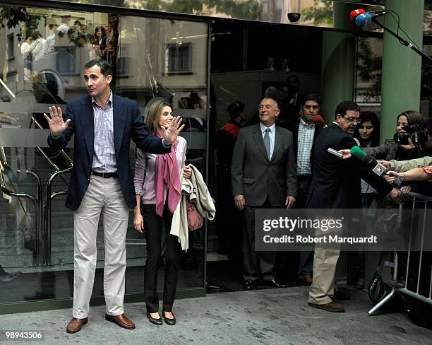 Prince Felipe and Princess Letizia of Spain visit the King Juan Carlos I of Spain at the Hospital Clinic of Barcelona, after he had an operation to...