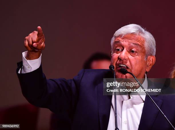 Newly elected Mexico's President Andres Manuel Lopez Obrador , running for "Juntos haremos historia" party, addresses his supporters at the Zocalo...