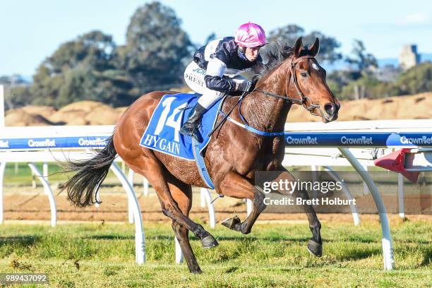 Geneva Diva ridden by Rebeka Prest wins the CrownBet BM64 Handicap at Wangaratta Racecourse on July 02, 2018 in Wangaratta, Australia.