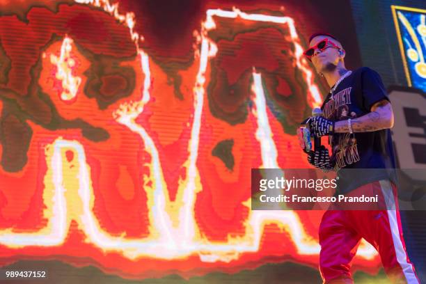 Sfera Ebbasta performs on stage during Lucca Summer Festival at Piazza Napoleone on July 1, 2018 in Lucca, Italy.