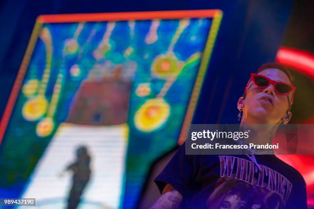 Sfera Ebbasta performs on stage during Lucca Summer Festival at Piazza Napoleone on July 1, 2018 in Lucca, Italy.