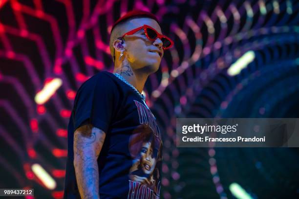 Sfera Ebbasta performs on stage during Lucca Summer Festival at Piazza Napoleone on July 1, 2018 in Lucca, Italy.