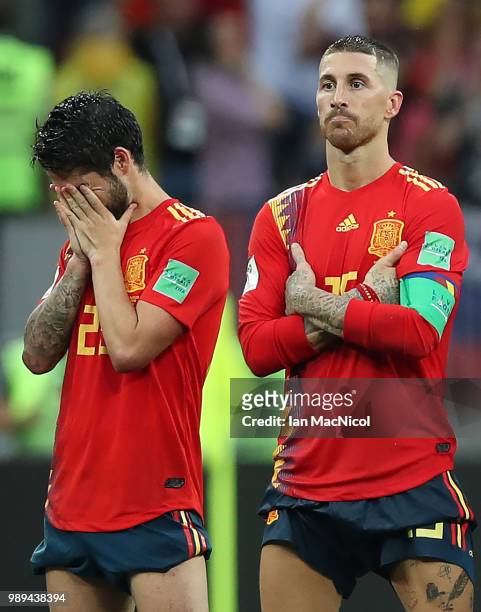 Isco of Spain reacts in the penalty shoot out during the 2018 FIFA World Cup Russia Round of 16 match between Spain and Russia at Luzhniki Stadium on...