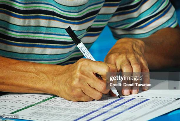 Benigno Noynoy Aquino casts his ballot at an elementary school on May 10, 2010 in Tarlac, Luzon, Philippines. The country goes to the polls today to...