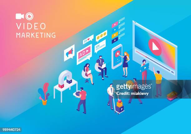 illustrazioni stock, clip art, cartoni animati e icone di tendenza di concetto isometrico di video marketing - 3d adult movie