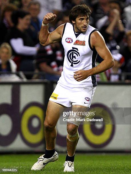 Jarrad Waite of the Blues celebrates a goal during the round seven AFL match between the St Kilda Saints and the Carlton Blues at Etihad Stadium on...