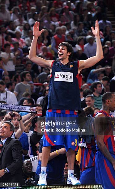 Ricky Rubio, #9 of Regal FC Barcelona celebrates during the 2009-2010 Euroleague Basketball Champion Awards Ceremony at Bercy Arena on May 9, 2010 in...