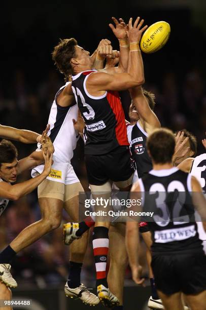 Justin Koschitzke of the Saints flies for a mark during the round seven AFL match between the St Kilda Saints and the Carlton Blues at Etihad Stadium...