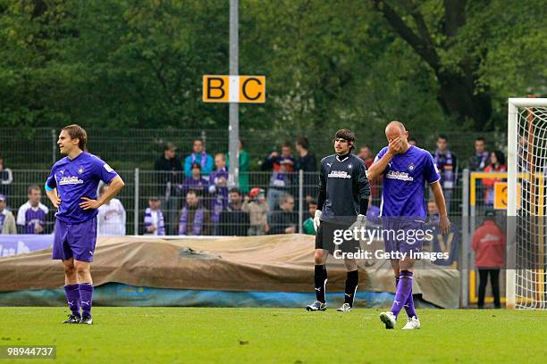 Sebastian Glasner of Aue looks dejected during the Third League match between Werder Bremen II and Erzgebirge Aue at the "Platz 11" stadium on May 8,...