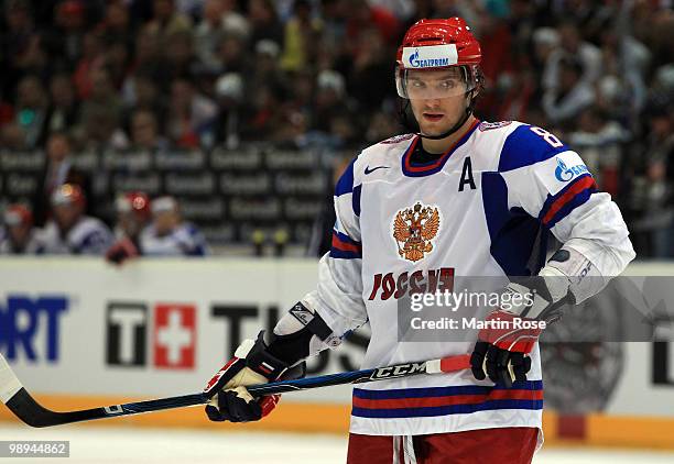 Alexander Ovechkin of Russia skates during the IIHF World Championship Group A match between Slovakia and Russia at Lanxess Arena on May 9, 2010 in...