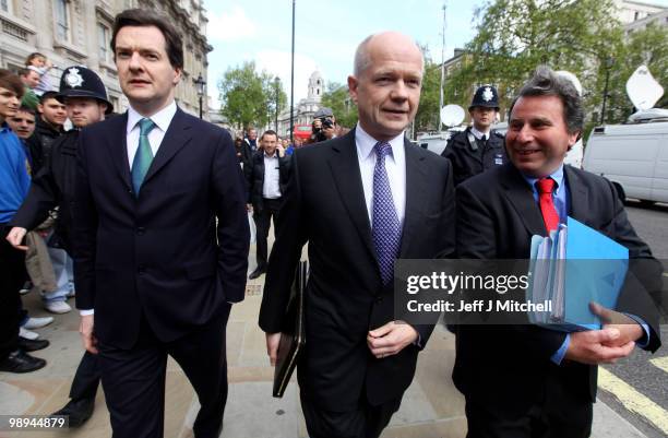 William Hague, the Conservative Shadow Foreign Secretary , George Osborne the Conservatives Shadow Chancellor and Oliver Letwin walk down Whitehall...